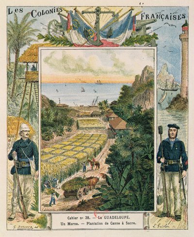 Omslag voor een schoolschrift met een suikerrietplantage in Guadeloupe door French School