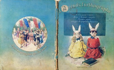 Omslagillustratie & achteromslag van een Frans schoolboek over schrijven, uitgegeven door Hachette in Parijs, 1905 door French School