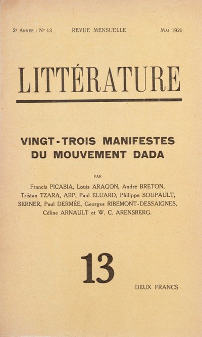 Omslag van Litterature maandblad gewijd aan de Dada-beweging, mei 1920 door French School