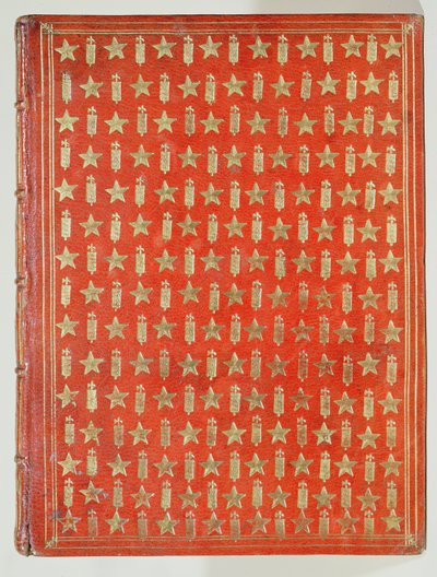 Omslag van een boek van kardinaal Mazarin, met de afwerking die de kardinaalse emblemen van sterren en fasces toont, 1644 door French School