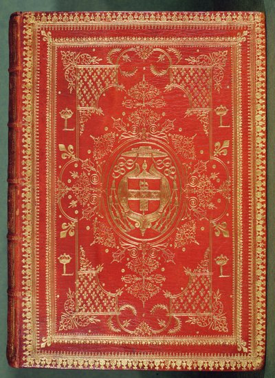 Omslag van een boek van kardinaal Mazarin, met de afwerking die de kardinaalse wapens van sterren en fasces toont, bekroond door de galero hoed en kwastjes van een kardinaal door French School
