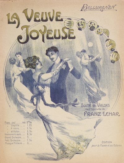 Omslag van de partituur voor La Valse Ballsirenen uit De Vrolijke Weduwe door Franz Lehar (1870-1948) door French School