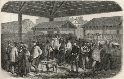 Vleesmarkt in de rue des Prouvaires in het 1e arrondissement van Parijs - Gravure in 