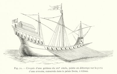 Schets van een galei uit de 16e eeuw, geschilderd in tempera op de deur van een kast, bewaard in het Doria-paleis, in Genua door French School