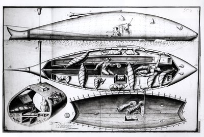 Dwarsdoorsnede van een onderzeeër, uit een manuscript, maart 1689 door French School