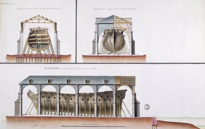 Doorsnede en elevatie van een schip, 1776 door French School