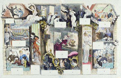 Doorsnede van een Parijs huis, illustratie uit La Vie Parisienne, ca. 1875 (kleurgravure) door French School