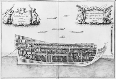 Dwarsdoorsnede van de volledig voltooide binnenkant van een schip, illustratie uit de Atlas de Colbert, plaat 37 door French School