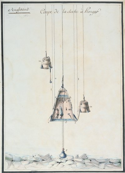 Dwarsdoorsnede van een duikklok, 1785 door French School