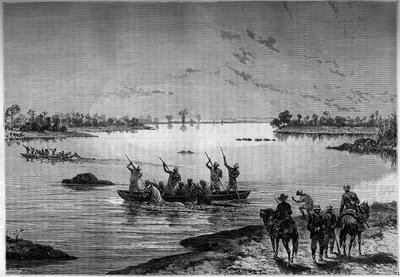 Oversteek van de Niger per boot door missionarissen. Gravure in het illustere tijdschrift 