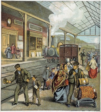 Mensenmassa op de kade van een treinstation in Engeland door French School