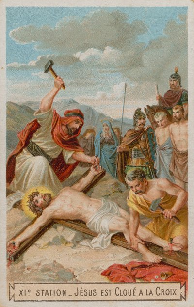 Kruisiging: Jezus wordt aan het kruis genageld. De elfde statie van de kruisweg door French School