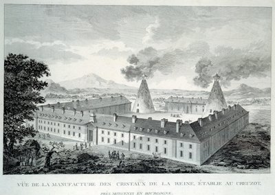 Kristalwerken van Koningin Marie Antoinette in Creusot nabij Moncenis in Bourgondië. Gravure uit 1787 door French School