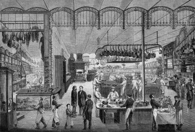 Koks en obers aan het werk in de keukens van café Riche, in Parijs, in 1866. Gravure in 