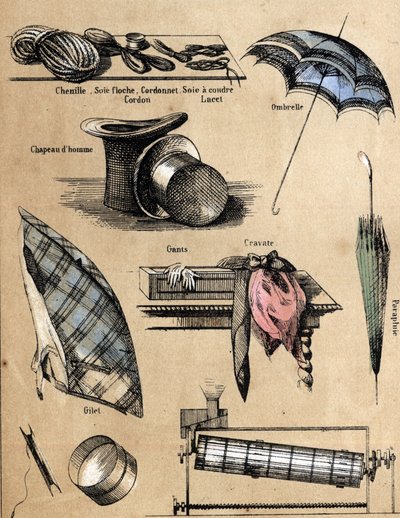 Cultuurbeschrijving en zijden producten: accessoires en voorwerpen (handschoenen, hoeden, paraplu, vest, zeef, vislijnen, naaigaren, koord). Plaat 