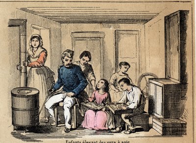 Beschrijving van de cultuur en zijden producten: kinderen die zijderupsen kweken. Plaat "la soie" in "les Recreations instructives" Synoptisch schilderij door Jules Delbruck, gravure uit 1860. Privécollectie. door French School