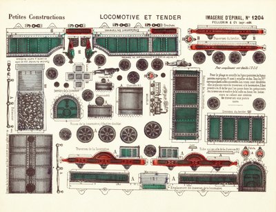 Uitgeknipte ontwerpen voor een stoomlocomotief en tender, c.1880 door French School