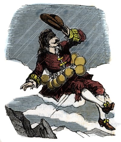 Cyrano de Bergerac stijgt op naar de hemel dankzij flesjes dauw en reist naar de maan, illustratie van de roman door Hercules Savinien Cyrano de Bergerac (1619-1655): 