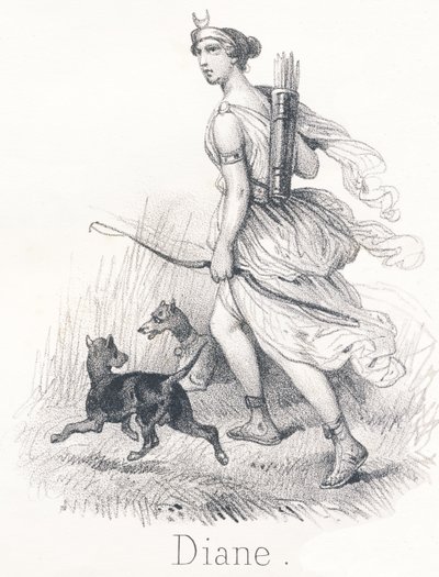 D Diana: Tweelingzus van Apollo. In de hemel was ze Phebe of Maan, belast met het verlichten van de aarde. In de hel was ze Hecate en voorzat ze de oordelen van zielen. Op aarde was ze Diana, godin van de jacht door French School