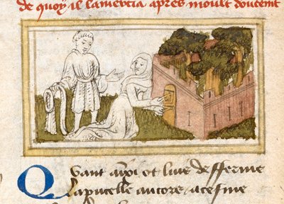 Dame Oiseuse laat de Minnaar binnen door de deuren in de Tuin der Plezieren, uit 