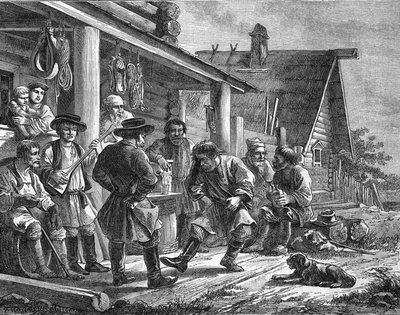 Russische dorpsdans. Gravure door Durand naar een Russische prent. door French School