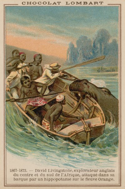 David Livingstones boot aangevallen door een nijlpaard op de Oranjerivier, Afrika, 1867-1873 door French School
