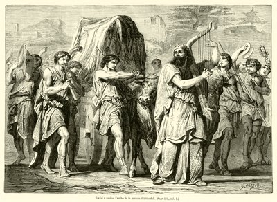 David brengt de ark van het huis van Abinadab (gravure) door French School