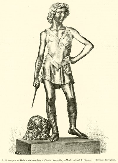 David overwint Goliath, bronzen beeld van Andrea Verocchio, in het Nationaal Museum van Florence door French School