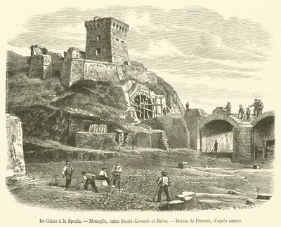 Van Genua naar La Spezia, Moneglia, tussen Sestri-Levante en Deiva (gravure) door French School