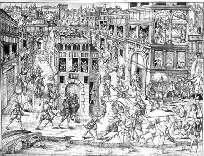 Dood van admiraal Gaspard II de Coligny (1519-72), tijdens de Bartholomeusnacht in 1572 door French School