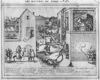 Dood van admiraal Gaspard II de Coligny (1519-72) tijdens het Bloedbad van Sint-Bartholomeus in 1572 door French School