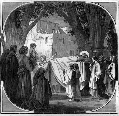 Dood van Agathon de Thaumaturge Agathon, paus van 678 tot 681. Gravure in 