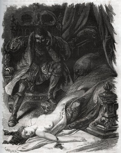 Dood van Francoise de Foix, gravin van Chateaubriant (ca. 1495-1537), vermoord door haar man Jean de Laval Comte de Chateaubriant (1486-1543). Gravure uit 1871 in 
