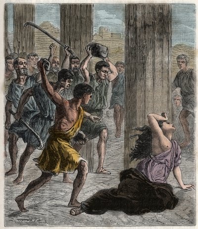 Dood van Hypatia - Hypatia (ca. 370-415) vrouwelijke wiskundige en filosoof (Neoplatonist) vermoord door volgelingen van Cyrillus, Patriarch van Alexandrië - Gravure in 