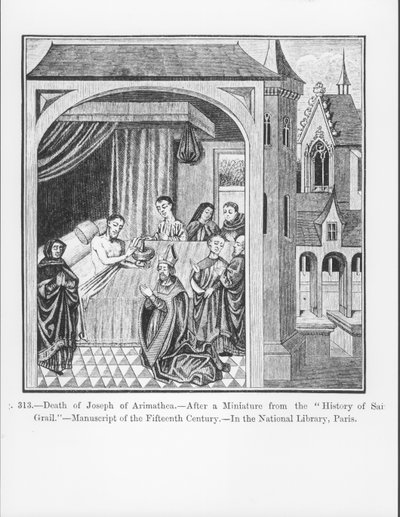 De Dood van Jozef van Arimathea, uit de Geschiedenis van de Heilige Graal, illustratie uit Wetenschap en Literatuur in de Middeleeuwen en de Renaissance, geschreven en gegraveerd door Paul Lacroix, 1878 door French School