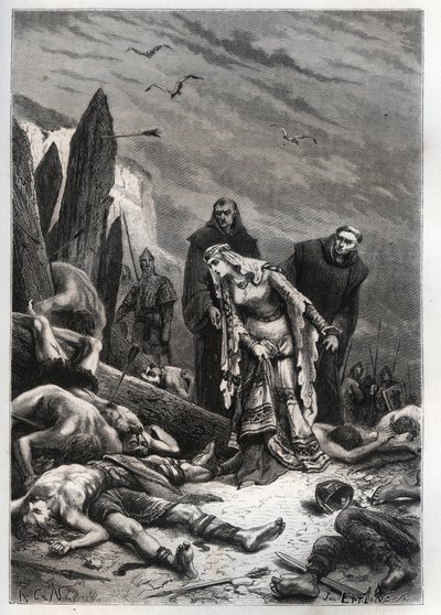 Dood van koning Harold II bij de Slag bij Hastings in 1066 - Edith Swannesha, bekend als Edith la Juste, ontdekt het lichaam van haar man - Ealdgyth, ontdekt het lichaam van Harold Godwi door French School
