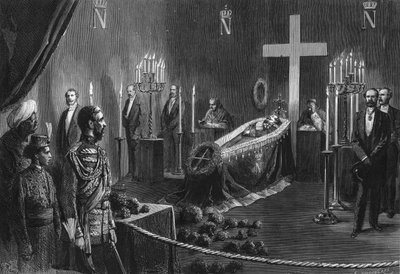 Dood van Napoleon III: de overblijfselen van Napoleon III in de brandende kapel van Cambden House op 14 februari 1873 door French School