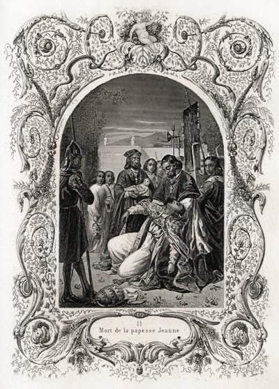 Dood van Pausin Johanna (pontificaat van 855 tot 858). Gravure ter illustratie van Histoire des popes door Maurice Lachatre (1814-1900), librairie du progrès, Parijs. door French School
