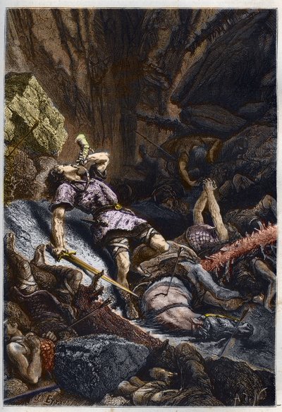 Dood van de ridder Roland, neef van Karel de Grote, in de Slag bij Roncevaux (778) tussen het leger van Karel de Grote en de Saracenen - Dood van Roland in de slag bij de Roncevaux-pas, 778 - gravure uit L