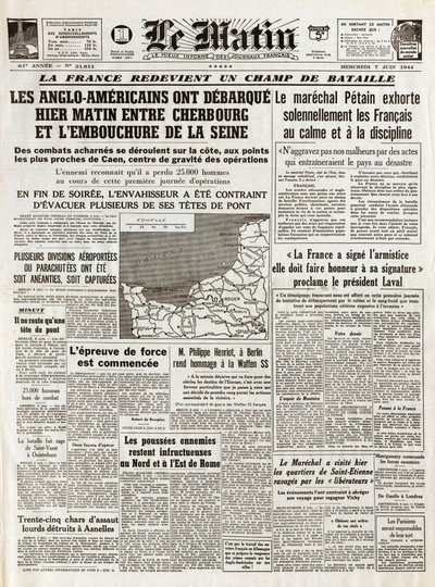 Landing in Normandië juni 1944 - Normandië landingen 6 juni 1944 (D-Day) - Op de ochtend van donderdag 7 juni 1944 vertrokken de Anglo-Amerikanen gisteren tussen Cherbourg en de monding van de Seine door French School