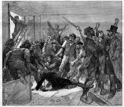 Staking van mijnwerkers in Decazeville (Aveyron) in 1886: ingenieur Watrin werd vermoord door de stakers. Gravure in "Le Monde Illustré", 6 februari 1886 door French School