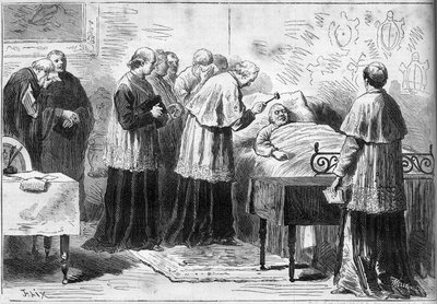 Overlijden van Paus Pius IX: ritueel van de erkenning van de dood van de paus. Een kardinaal slaat met een zilveren hamer op het voorhoofd van de overledene. Gravure in 