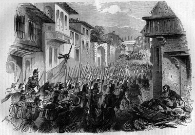 Verdediging van Rome tegen het Franse leger. Generaal Oudinot veroverde Rome in de Slag bij de Janicule op 30 juni 1849 en joeg de revolutionairen in juli op om paus Pius IX te antwoorden. Gravure in "Histoire des Papes-Rois-Queen and Empereurs a travers l door French School