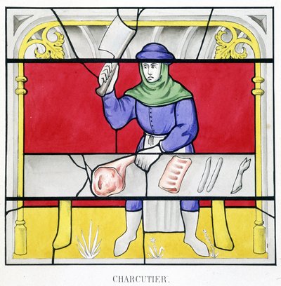 Delicatessen. Facsimile van een glas-in-lood uit de Middeleeuwen in "Histoire de la peinture sur verre" door Ferdinand de Lasteyrie door French School