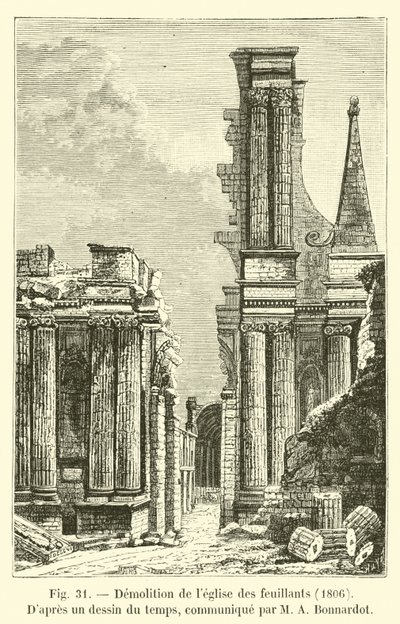 Sloop van de kerk van de Feuillants, 1806, naar een tekening uit die tijd, meegedeeld door M A Bonnardot door French School