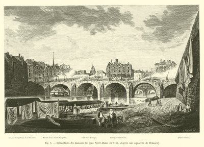 Sloop van de huizen op de Pont Notre-Dame in 1786, naar een aquarel van Demachy door French School