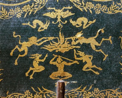Demonen en geiten die op satanisch vuur blazen, waaier gemaakt als reclameapparaat voor opera witte dame (libretto door Augustin Eugene Scribe, muziek door Francois-Adrien Boieldieu), goudprint op groene achtergrond door French School