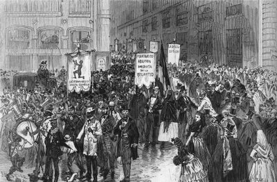 Demonstratie in Madrid in 1873 voor de afschaffing van de slavernij in de Spaanse koloniën door French School