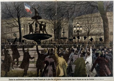 Demonstraties voor het Franse theater veroorzaakt door een deserteur Jood, een jonge man hees de Franse vlag: de pelgrim door French School