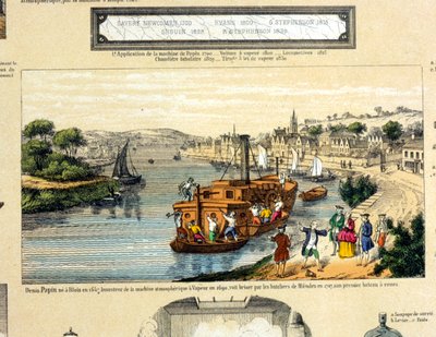 Denis Papin kijkt toe hoe zijn raderstoomboot wordt vernietigd door de schippers van Muenden in 1707 door French School